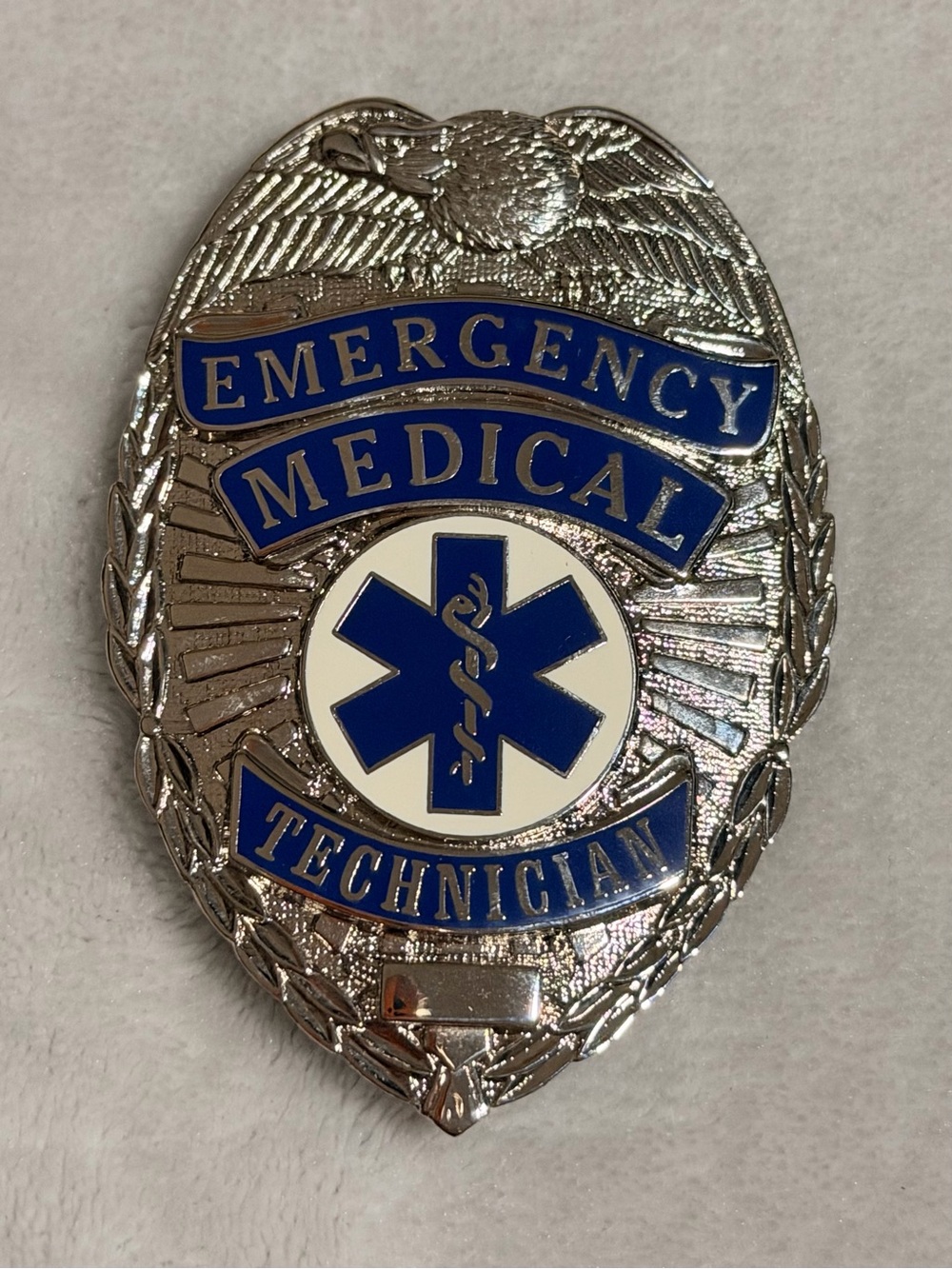 Large Emergency Medical Technician Badge - Silver and Blue